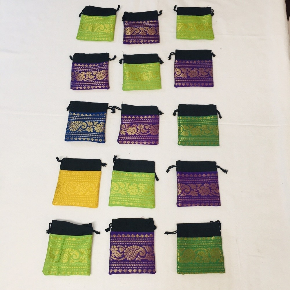 Brocade Jewelry Pouch Drawstring Bags Set of 15 Purple Green Yellow Blue 4x4 In